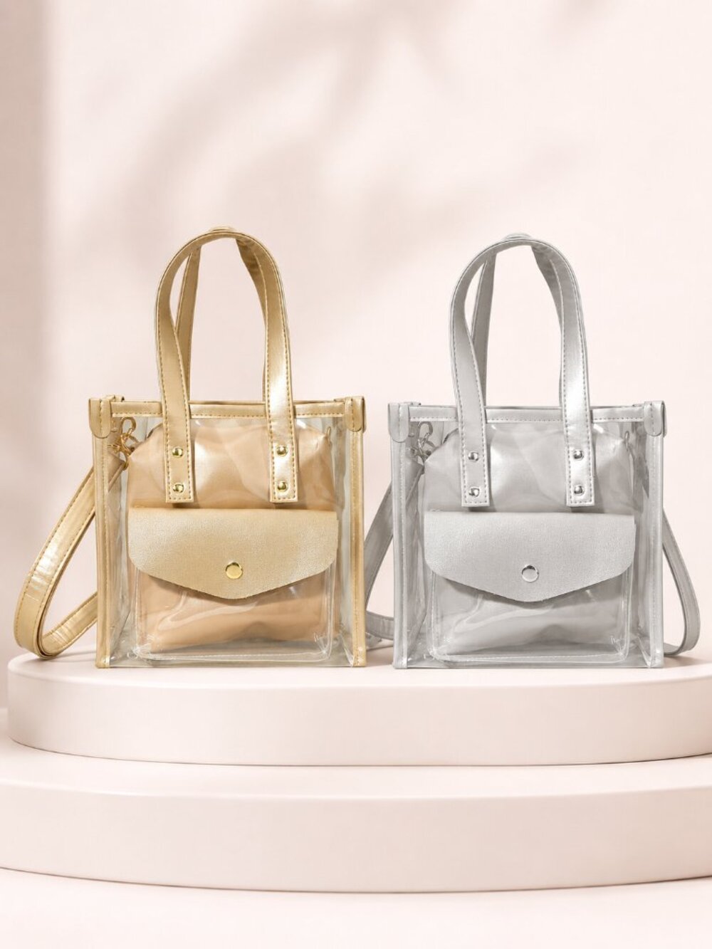 Clear Vegan Leather Handbag w/ Zippered Removable Interior Pouch Gold or Silver